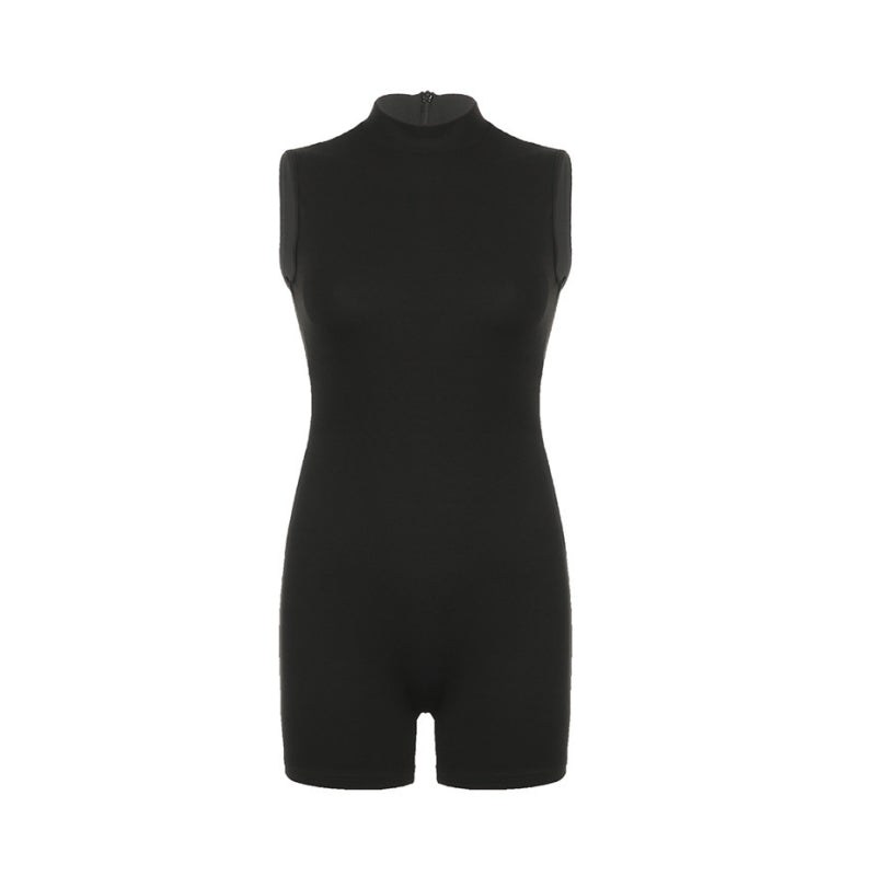 Turtleneck Bodycon Playsuit One-Pieces Shorts Sexy Rompers Womens Jumpsuit Black Combinaison Femme Zipper Ropa Mujer Sleeveless