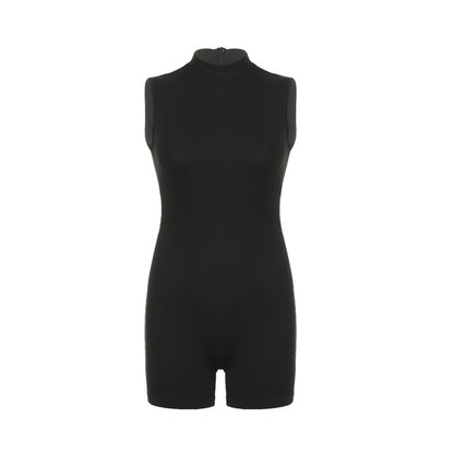 Turtleneck Bodycon Playsuit One-Pieces Shorts Sexy Rompers Womens Jumpsuit Black Combinaison Femme Zipper Ropa Mujer Sleeveless