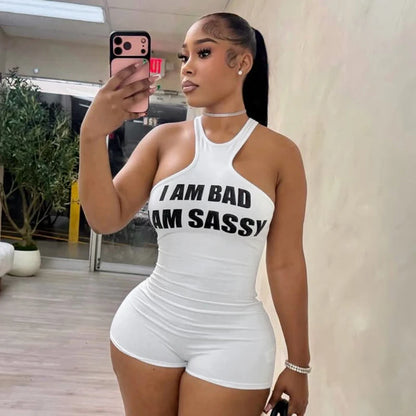 Letter offset printing sleeveless tight hanging neck strapless vest jumpsuit shorts
