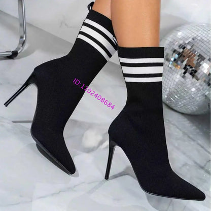 New Design Women Elastic Pointed-Toe Stiletto Heel Ankle Boots Sexy Lady High Heel Slim-Fit Stretch Socks Ankle Boots