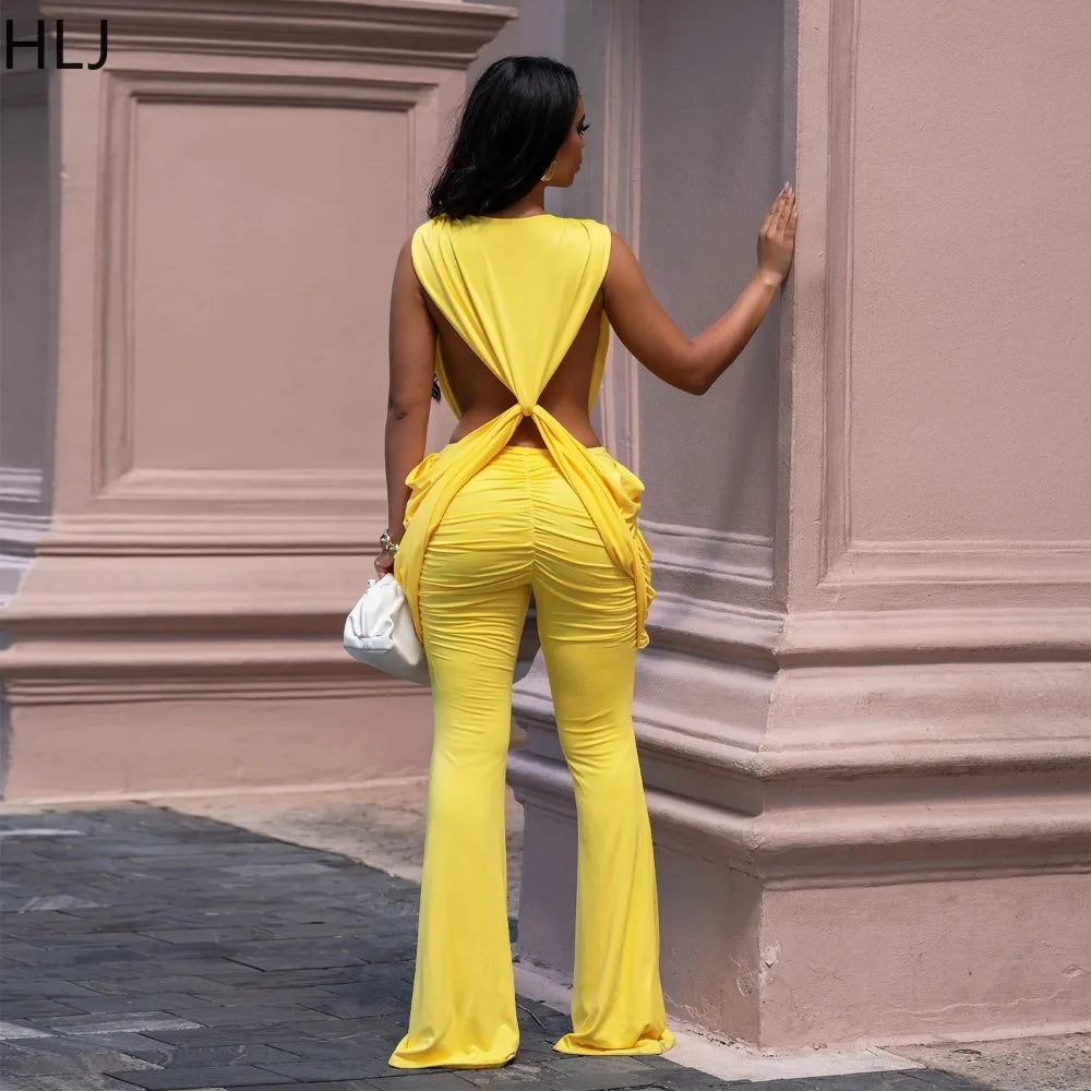 HLJ Sexy Solid Color Bodycon Jumpsuits Women Halter Deep V Neck High Waist Ruched Flare Rompers Party Club Streetwear Overalls