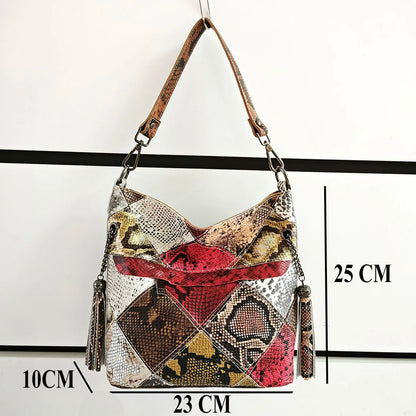 Real leather Snake Patchowrk Designer Women's Handbags Color Block Shoulder Bags New Roomy Genuine Leather Crossbody Bucket Bag