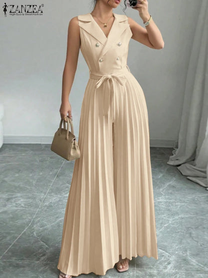 Fashion Women Jumpsuits 2026 ZANZEA Summer Rompers Elegant Wide Leg Work OL Overalls V Neck Sleeveless Pleated Playsuit Trousers