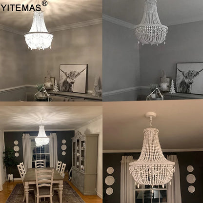 French Country white wood Bead Chandelier dining room bedroom princess Decorative chandelier 3/5 lights hanging light fixture