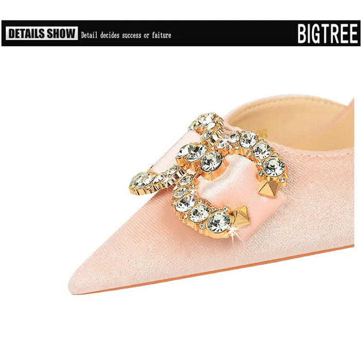BIGTREE Party Pumps 7cm Thin High Heels Western Style Velvet Shallow Pointed Toe Side Hollow Crystal Pearl Bow Lady Shoes Pink