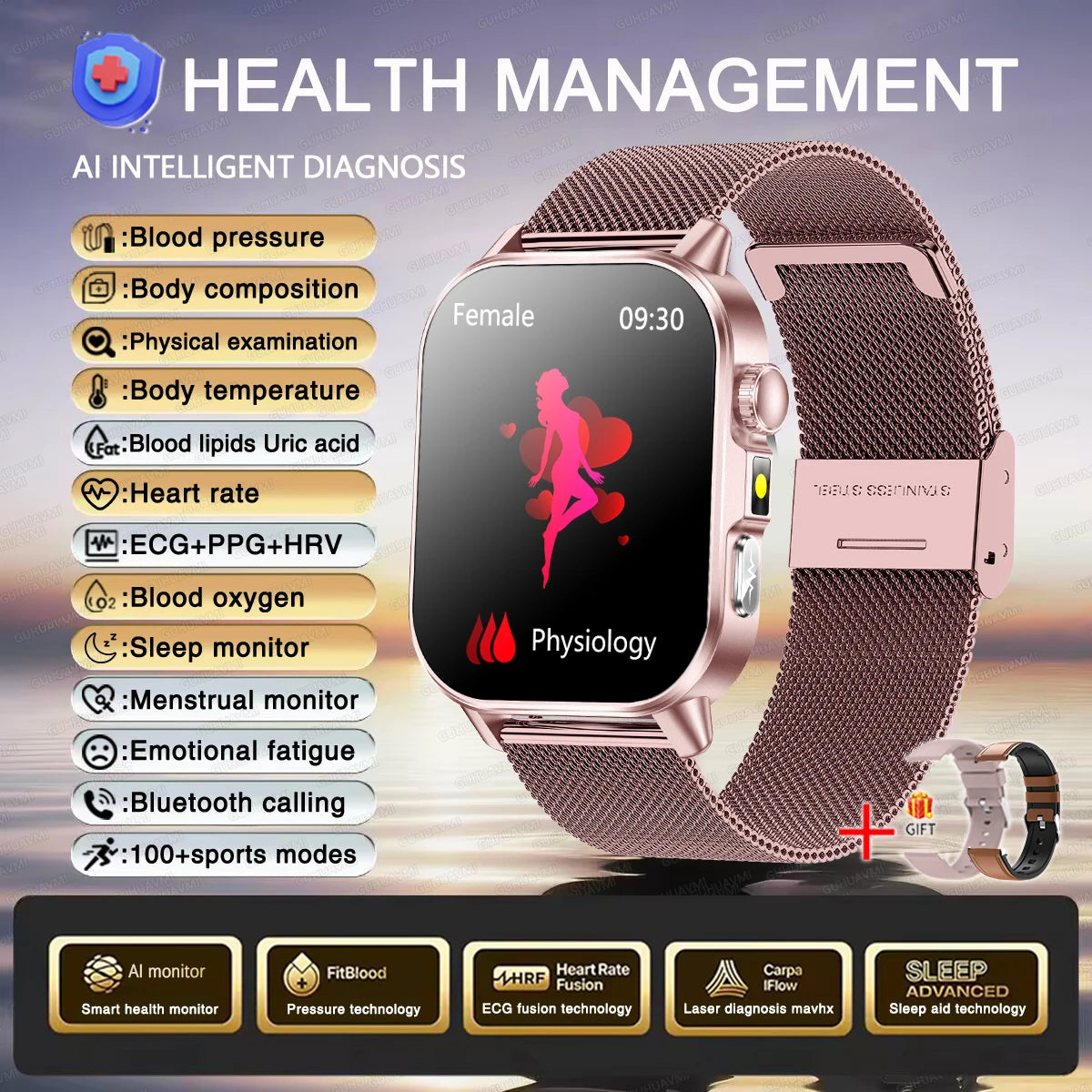 2026 Original Women Health Accurate Diagnosis Smart Watch ECG+HRV BP Blood Oxygen Uric Acid Heart Rate Bluetooth Call Smartwatch
