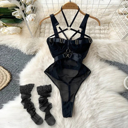 Coquette Lace Lingerie Set Sexy Mesh Bodysuit Valentines Day Sleepwear Gothic Strappy Catsuit Intimate Nightwear Romper