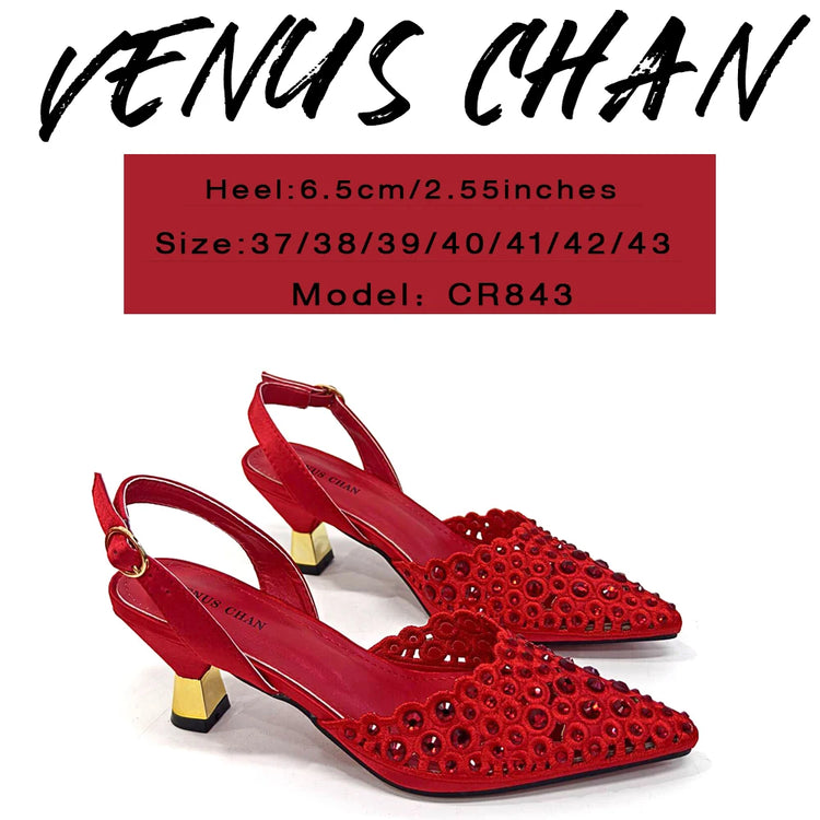 Venus Chan 2024 Latest High Heel Gold Color Atmospheric Luxury Pattern With Rhinestones Party Ladies Shoes And Bag Set