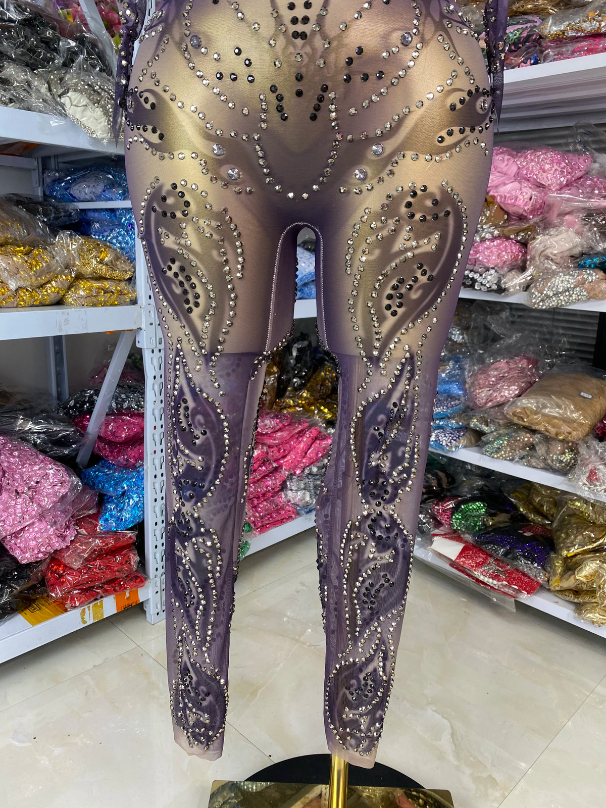 Sparkly Rhinestones Printed Mesh Bodycon Green Jumpsuits With Sleeves See Through Masquerade Costume Dress Night Club DJ Gogo