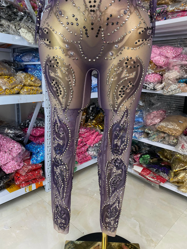 Sparkly Rhinestones Printed Mesh Bodycon Jumpsuits With Sleeves High Stretchable See Through Nightclub Performance Costumes