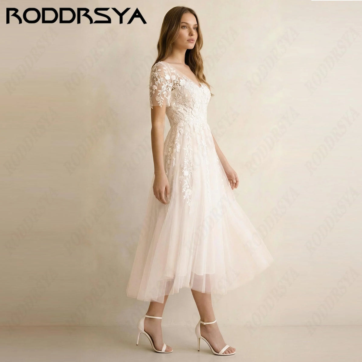 RODDRSYA Mid-Calf A-Line Customized Wedding Dresses V Neck Tulle Simple Bride Gown Short Sleeve Lace Appliques Bridal Dress
