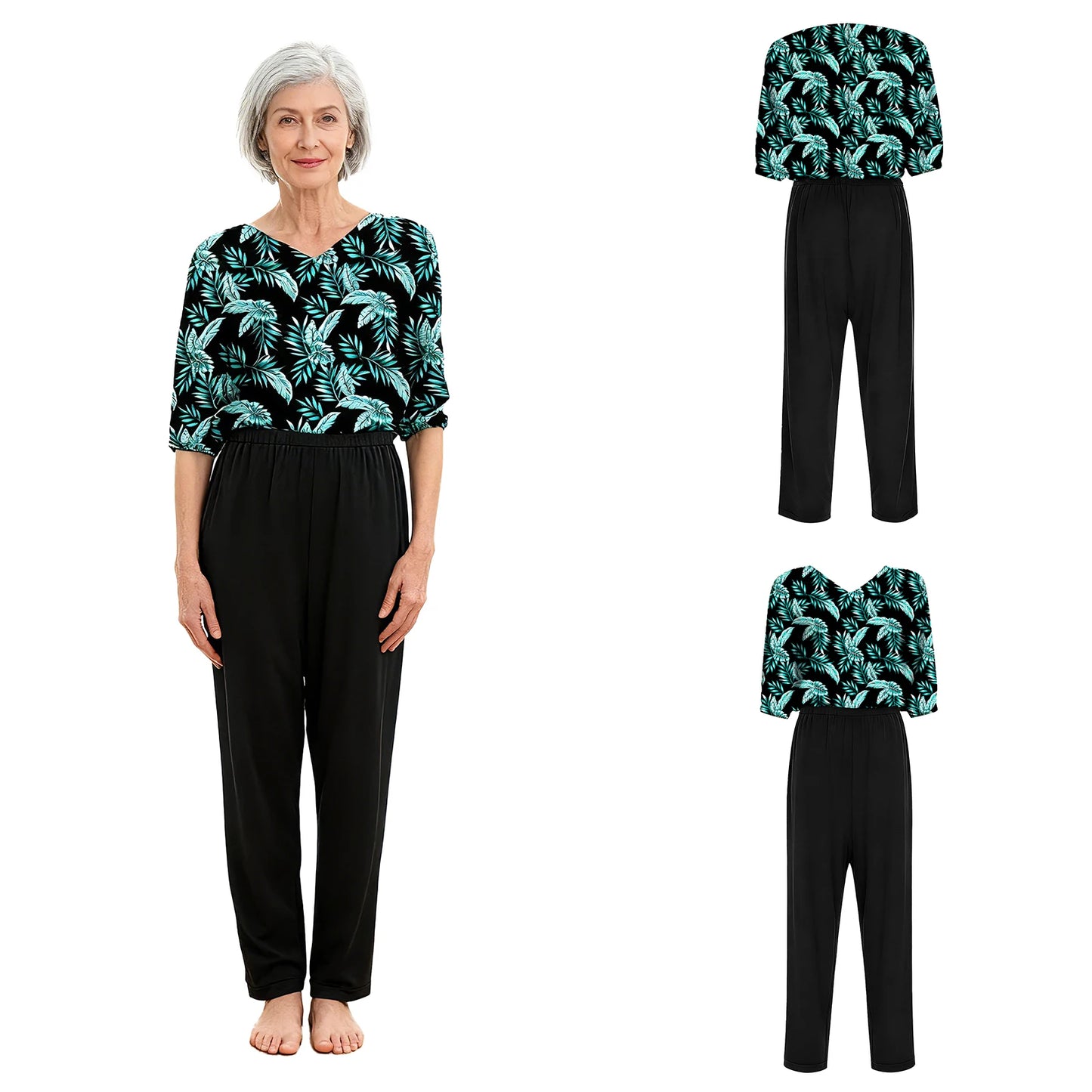 Women's Elderly Anti-Strip Adaptive Jumpsuit Back Legs Zip Long Sleeve Long Pants Nursing Rompers for Special Needs Disabilities