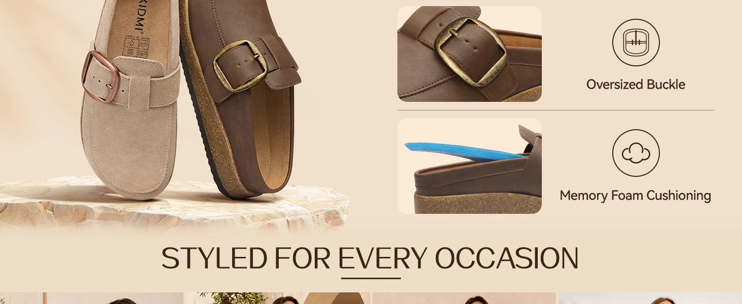 Evshine Women Loafer Style Clog Slippers Vegan Leather Adjustable Big Buckle Cork Footbed Casual Ladies House Home Slippers