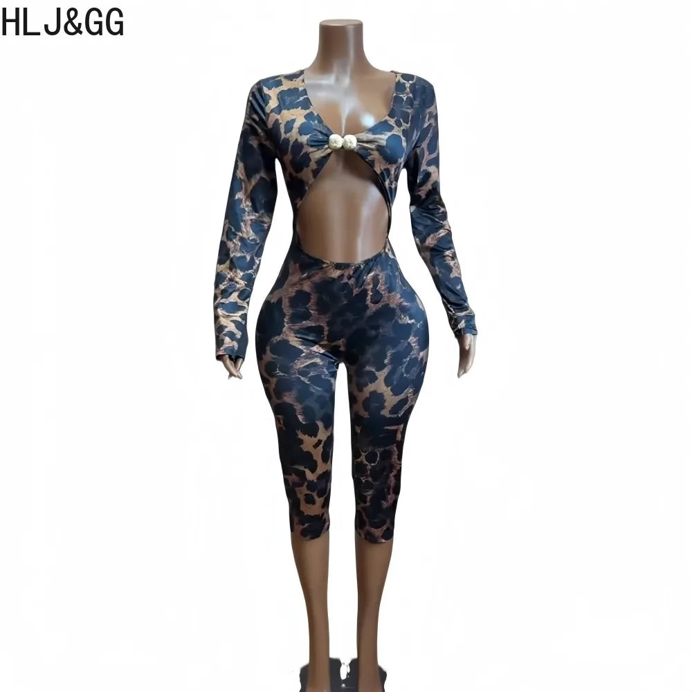 HLJ&GG Sexy Leopard Print Bodycon Jumpsuit for Women Hollowed-out Patchwork Full Sleeve Rompers Female Streetwear Overalls New