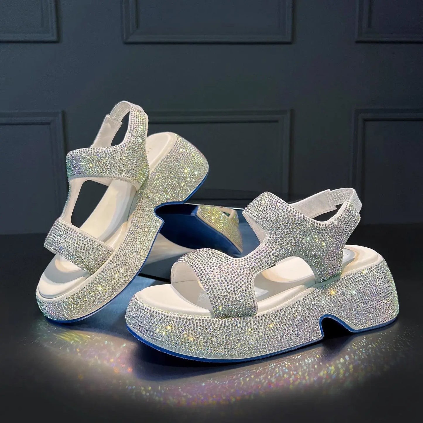 Fashion Luxury Rhinestone Women Sandals Summer New Sheepskin Elastic Band Thick-soled Open-toed Roman Flat Sandals