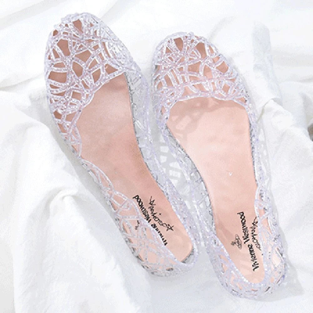 Comfortable Flat-soled Women Sandals Clear Shallow Mouth Beach Jelly Shoes Breathable Hollow Out Bling Sandals Footwear