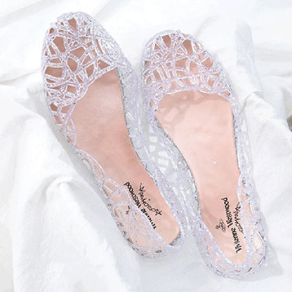 Comfortable Flat-soled Women Sandals Clear Shallow Mouth Beach Jelly Shoes Breathable Hollow Out Bling Sandals Footwear