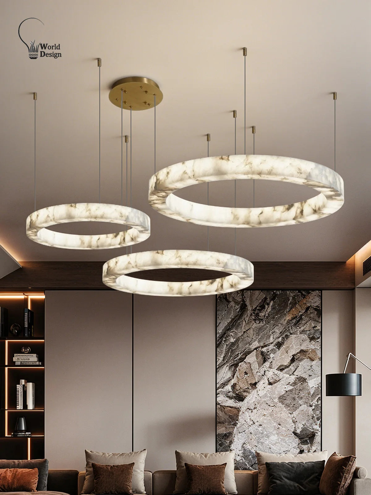 Round Faux Marble Chandelier Lights for Living Room Dining Room Resin Marble-effect Hanging Pendant Lamp Ring for High Ceiling