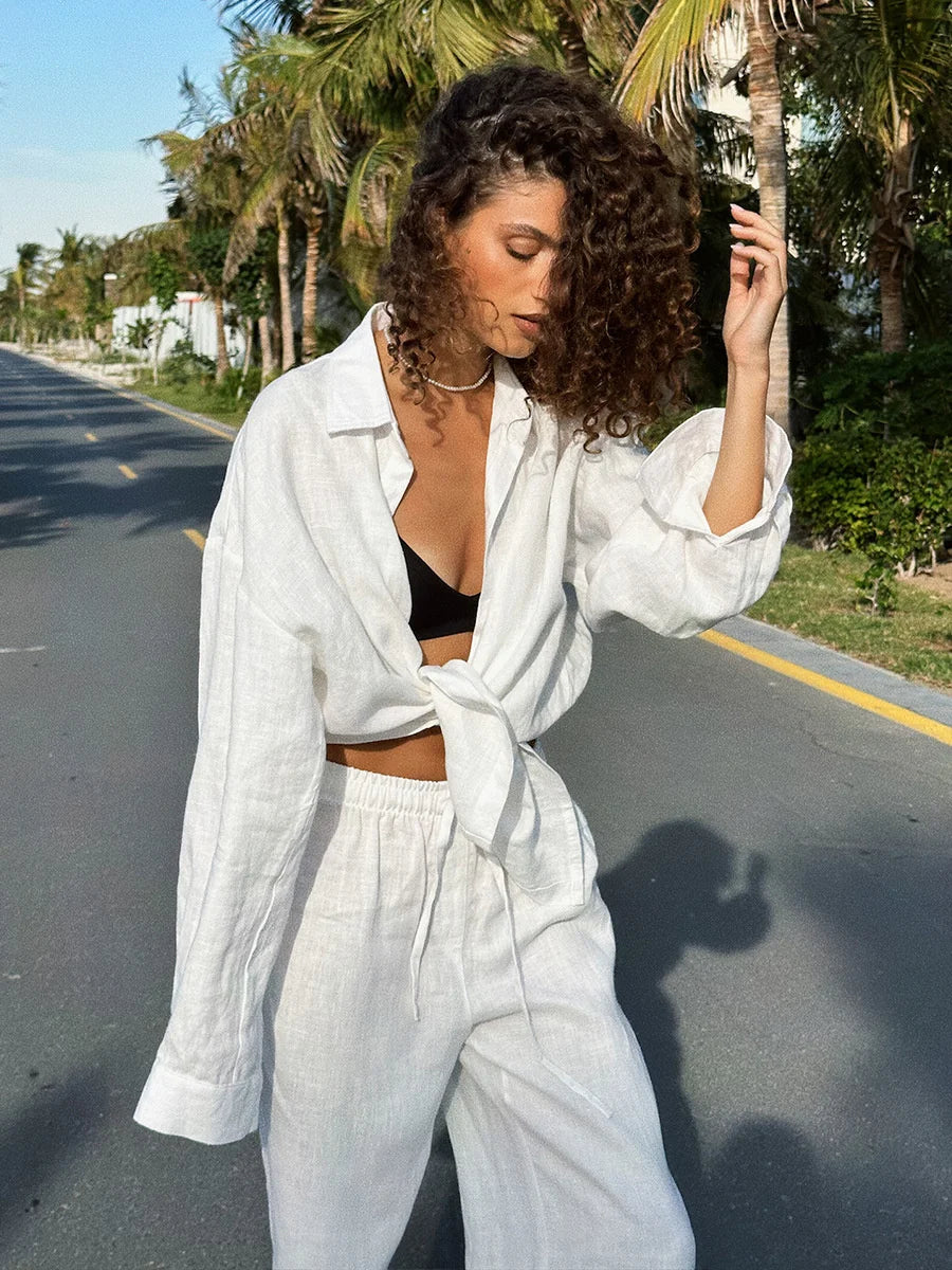 Casual Lapel Shirt Pants Suits Fashion Single Breasted Blouses Elastic Waist Pants 2026 Spring Sets Woman 2 Piece Loose Outfits
