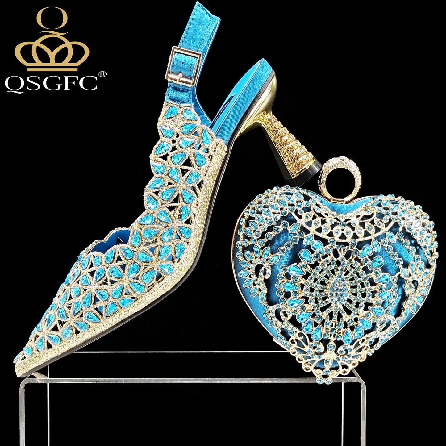 QSGFC Italian Design Rhinestone-encrusted Sex Ladies Shoes And Special Bag High Heels And Heart Shape Gold Mini Bag