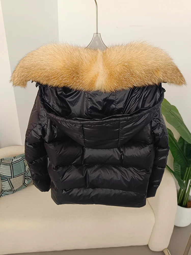 OFTBUY Real Fox Fur Collar Hooded Winter Women White Duck Down Short Jacket Black Gold Female Thick Warm Coat Luxury Outerwear