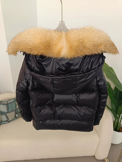 OFTBUY Real Fox Fur Collar Hooded Winter Women White Duck Down Short Jacket Black Gold Female Thick Warm Coat Luxury Outerwear