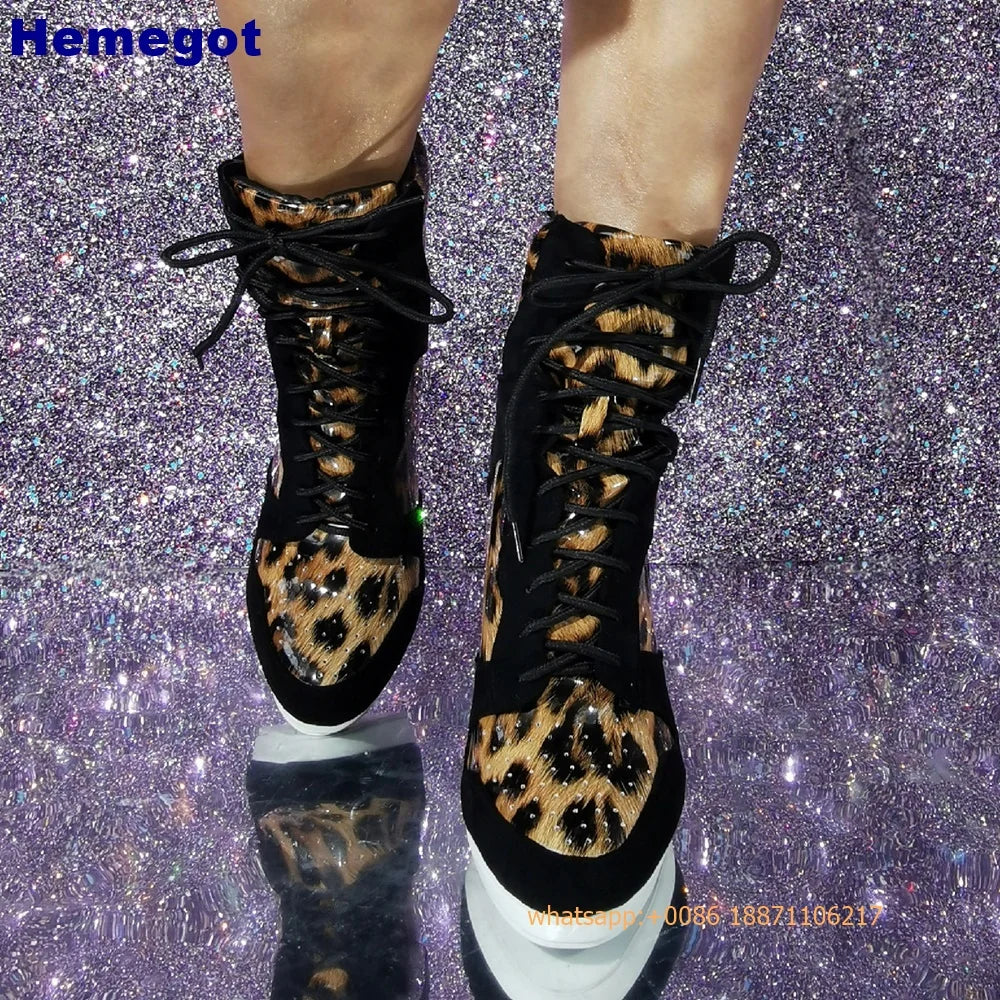 Sports Lace Up Women's Short Boots 2024 Thick Sole Round Toe Mixed Color Stilettos Autumn Winter New Street Style Casual Rock Bo
