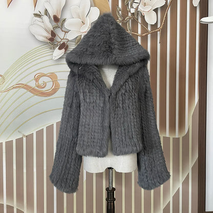 Real Rabbit Fur Hooded Coat Long Sleeve Women Casual Loose Knitted Genuine Fur Jacket With Hood Female Natural Fur Outwear