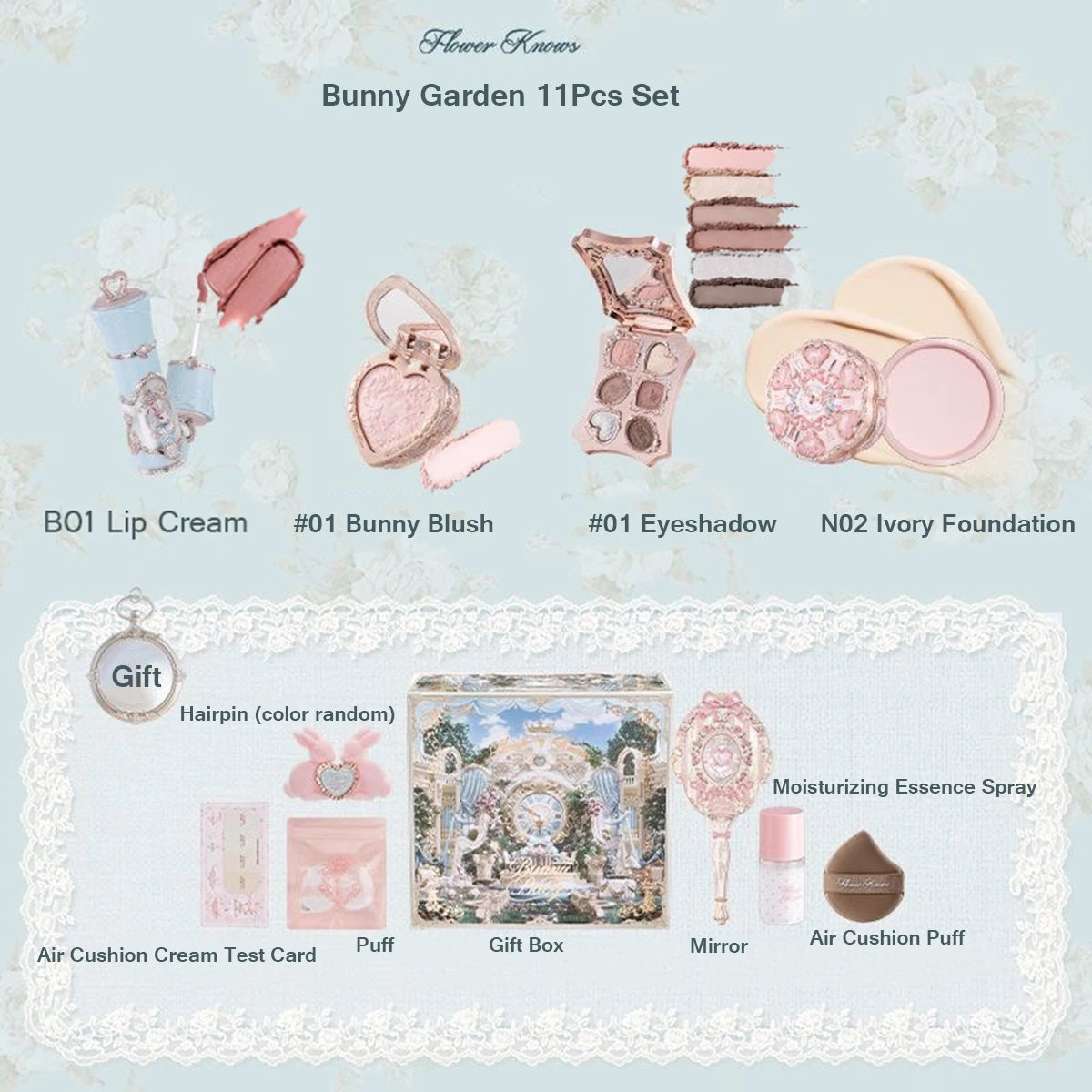 Flower Know Strawberry Rococo All-In One Gift Set Makeup Kit Full Professional Garden Mirror Blush Powder Lip Cream Flowerknows