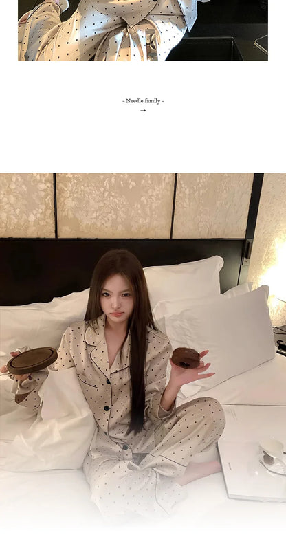 French High Sense of Sleepwear Women Spring and Fall New Simple Polka Dot Long-Sleeved Long Pants Ice Silk Homewear Fashion Suit