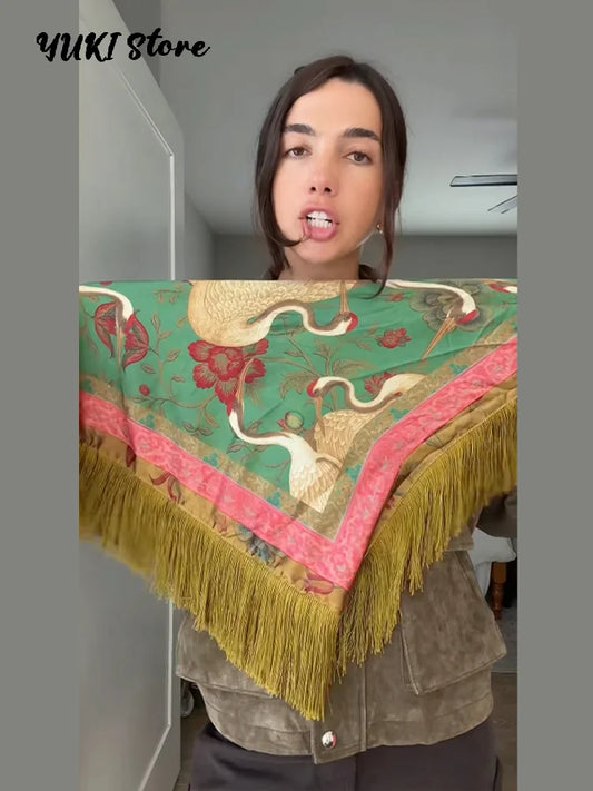 Vintage Tassel Printed Satin Square Scarf Women Fashion Fringe Trim Shawl Accessories 2026 Spring Summer Casual Scarves Shawls