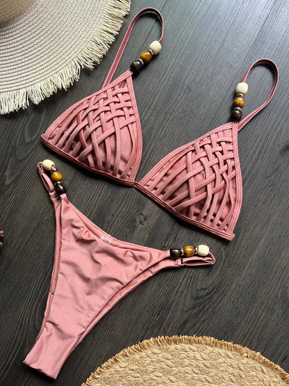 Sexy Brown Bikini Set 2026 Women Pearls Strap Hole Out Push Up Bra Thong Swimsuit Brazilian Beach Bathing Suit Micro Swimwear