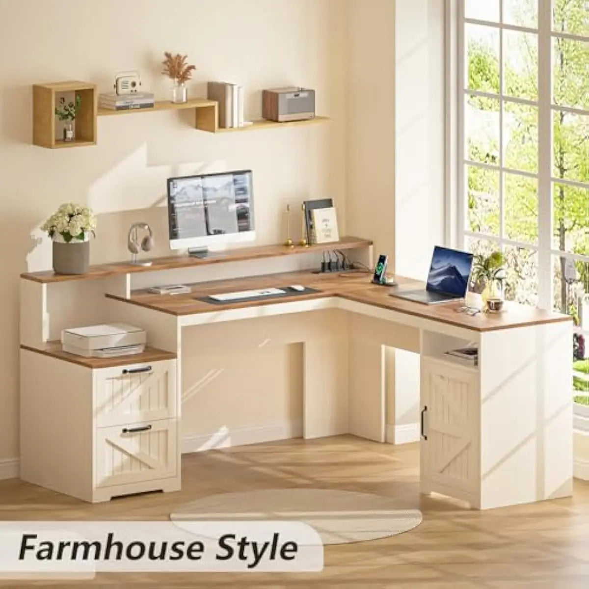 L Shaped Executive Desk 63 Inch Wide with Printer Shelf Open Compartment Adjustable Cabinet USB Charging Station Ergonomic Monit