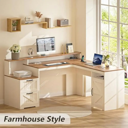 L Shaped Executive Desk 63 Inch Wide with Printer Shelf Open Compartment Adjustable Cabinet USB Charging Station Ergonomic Monit