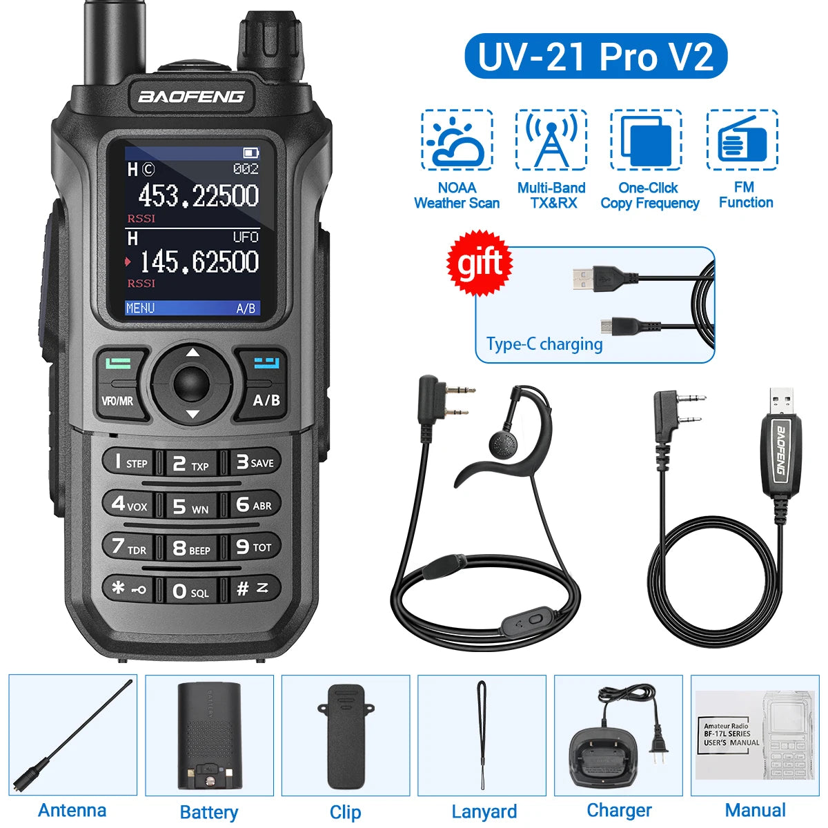Baofeng UV-21 PRO Walkie Talkie Wireless Copy Frequency 16 KM Long Range TYPE-C V2 Two Way Radio Ham CB Radio UV-5R UV-17