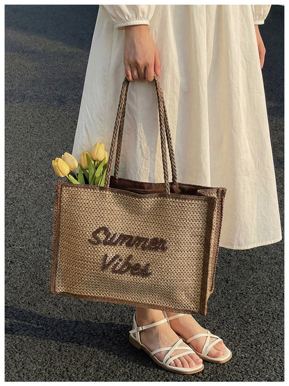 Large Capacity Women Tote Bag 2026 New Fashion Hand-made Straw Bag Female Shoulder Handbag Causal Commuter Bags for Ladies