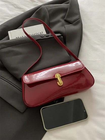 Fashion ladies shiny crossbody bag stylish elegant shoulder bag wine red small underarm bag versatile solid color clutch bag