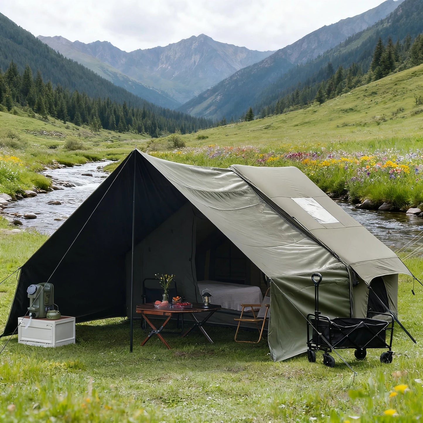 PAKICETUS 8-Person Inflatable Glamping Tent, Green Tent with Mesh Windows & Hand Pump with Extra-Large Canopy Living Room