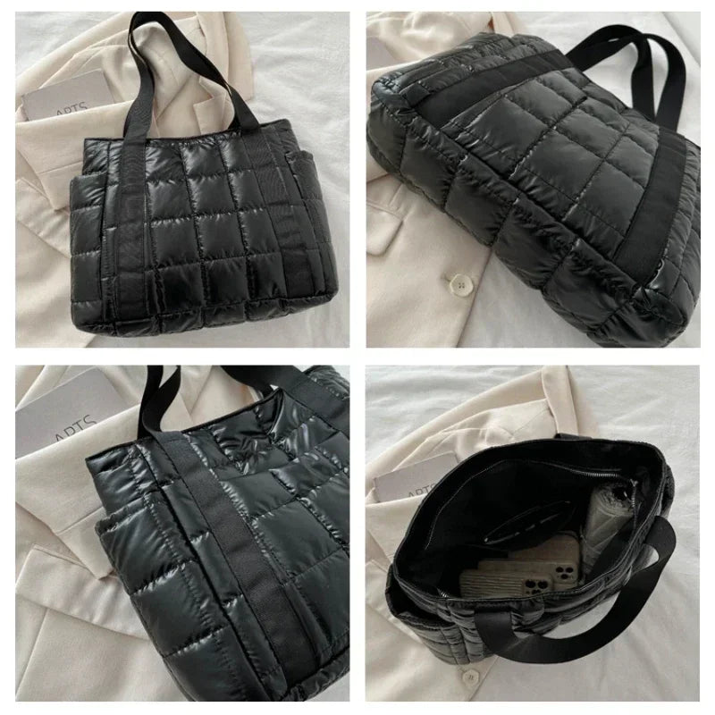 Space Padded Women Shoulder Bags For Winter 2025 Large Capacity Black Handbags Designer Nylon Cotton Warm Tote Solid