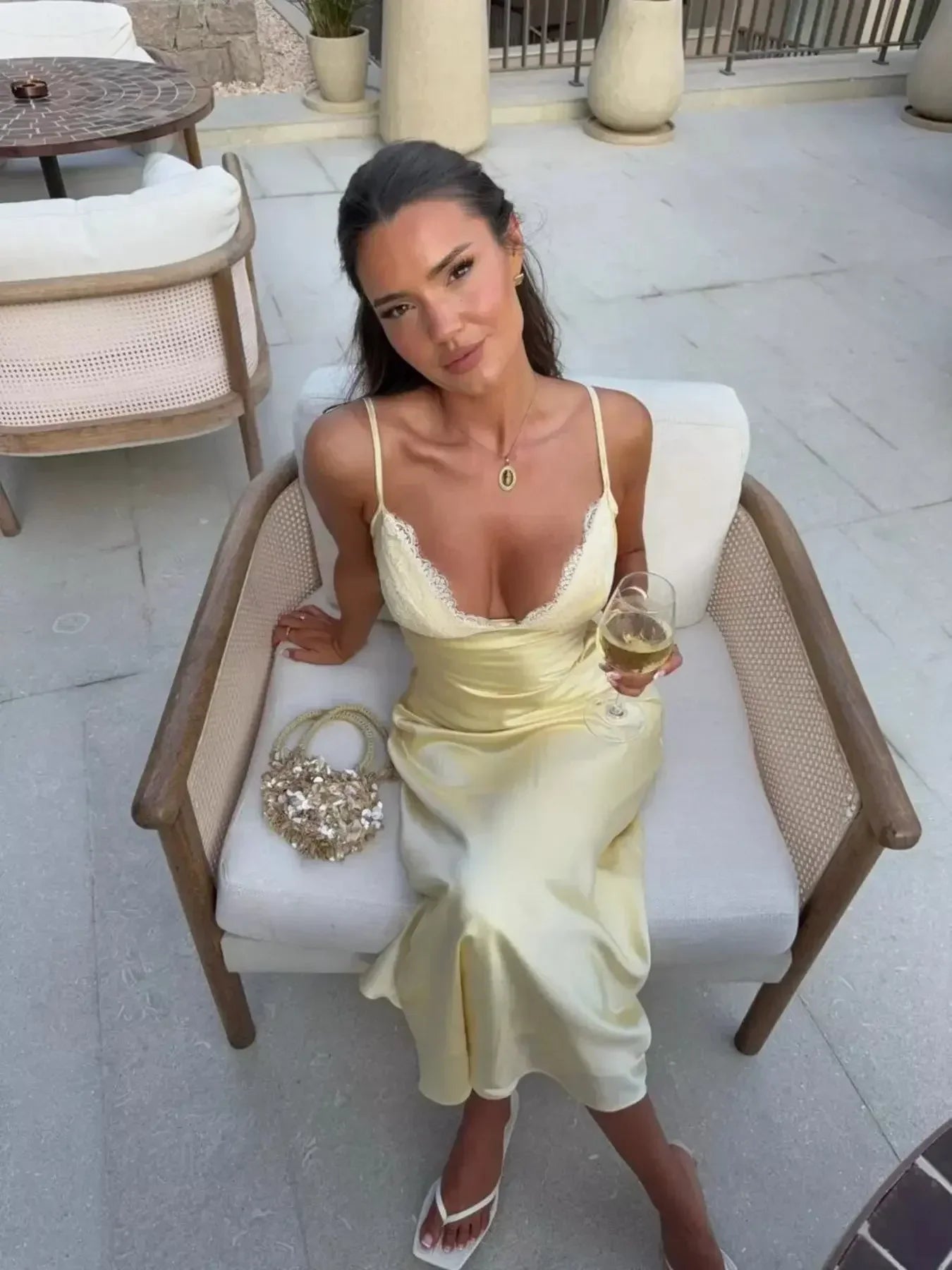 Elegant Women's Backless Yellow Lace Dresses Cross-back Design Long Slim Fit A-line Summer Dress Y2k Vacation Travel Vestido2026