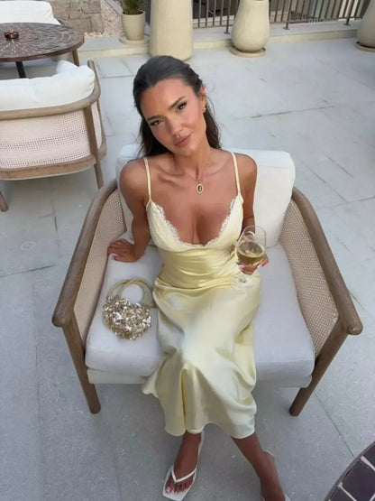 Elegant Women's Backless Yellow Lace Dresses Cross-back Design Long Slim Fit A-line Summer Dress Y2k Vacation Travel Vestido2026