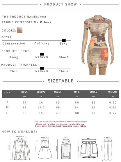 SIsterlinda Newspaper Print Chic Sexy Dress Woman Fashion O-Neck Short Sleeve Skinny Peach Buttocks Midnight Club Party Bodycon