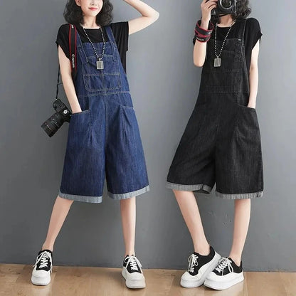 Summer Denim Straps Shorts Jeans Overalls Women Korean Wide Leg Jumpsuits Female Suspender Rompers Casual Conjoined Fifth Pants