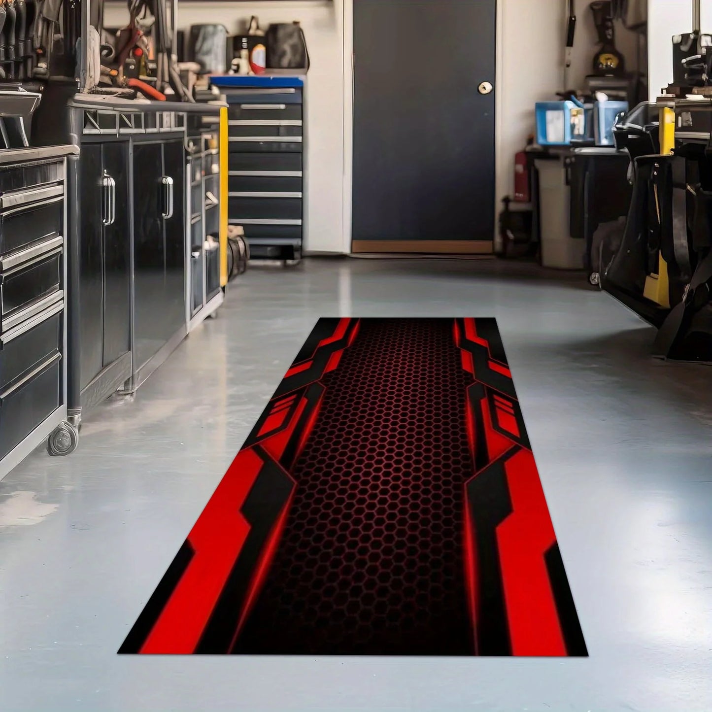 Red Black Honeycomb Motorcycle Mat, Anti-Slip Garage Floor Mat for Motorbike Parking, Absorbent, Cyber Tech Style, Home Decor