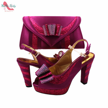 2025 Red Elegant Style Italian Women Shoes Matching Hand Bag Set  Slingbacks Sandals with Platform for Party