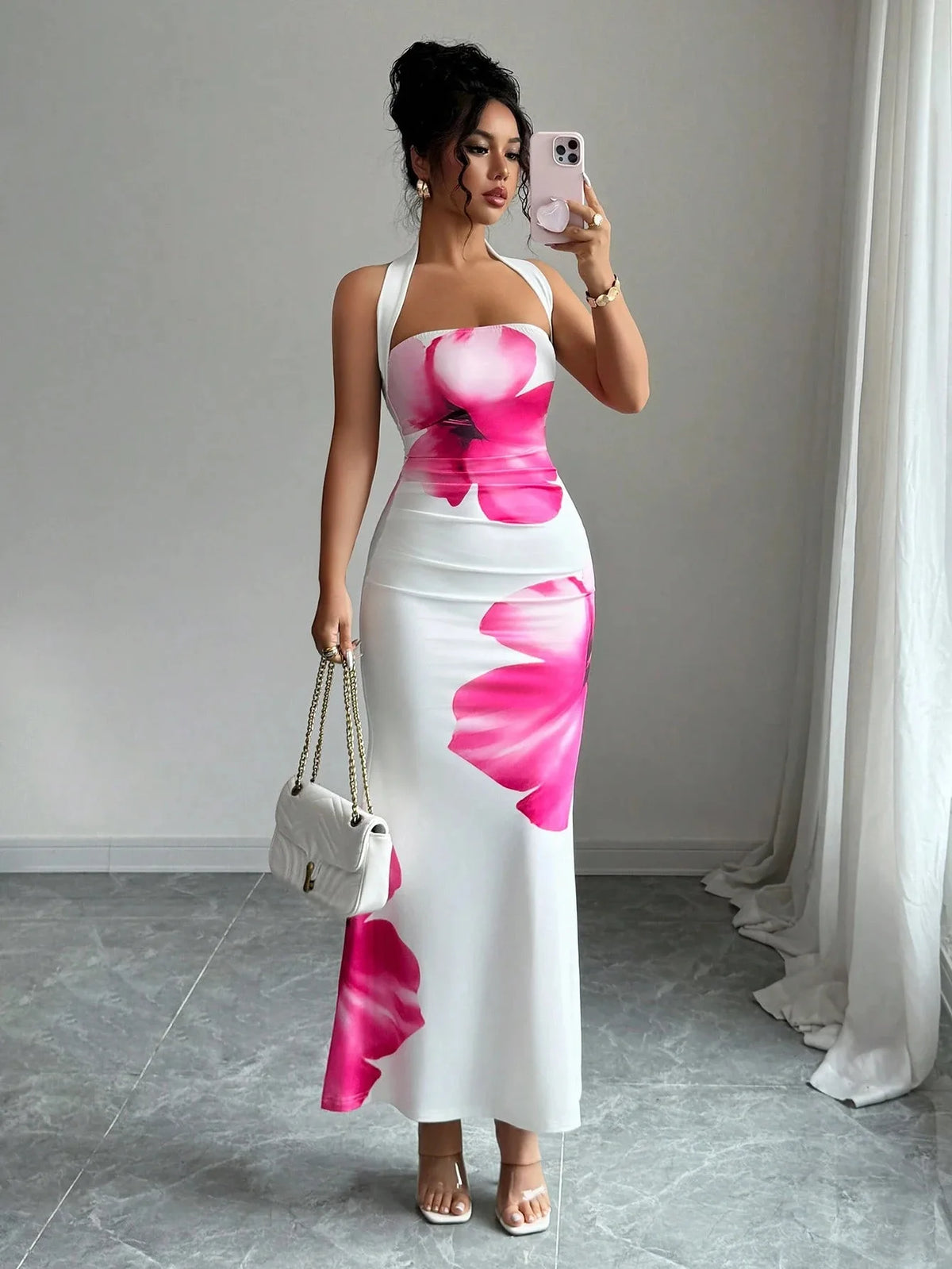 Women's 2026 New Popular Neck Halter Long Dress Hip-wrapped Printed Dress White Dress Birthday Dress for Women Summer Dress