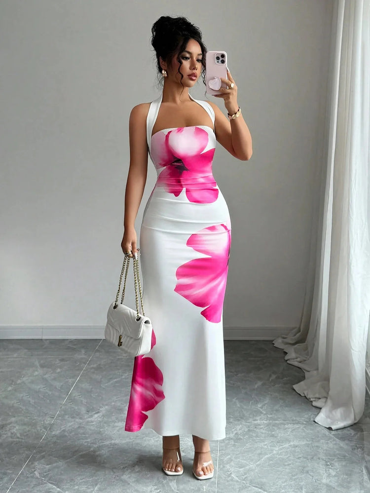 Women's 2026 New Popular Neck Halter Long Dress Hip-wrapped Printed Dress White Dress Birthday Dress for Women Summer Dress