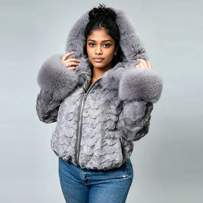 Woman's Section Mink Fur Jacket With Fox Collar Cuffs Hooede Fur Jacket Real Fur Zippered Jacket High Quality Natural Fur Coat