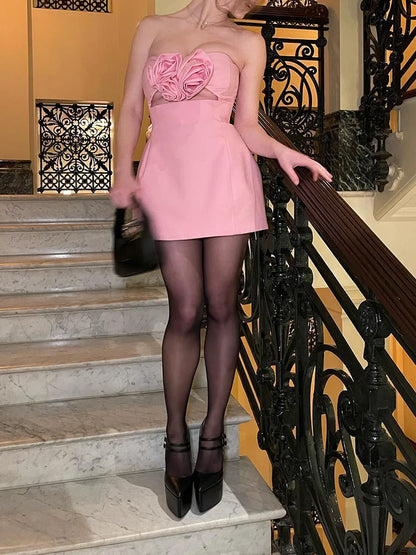Women's Pink Rose Floral Strapless Party/Bar/Beach Dress – High-Quality Women's Dress on Sale