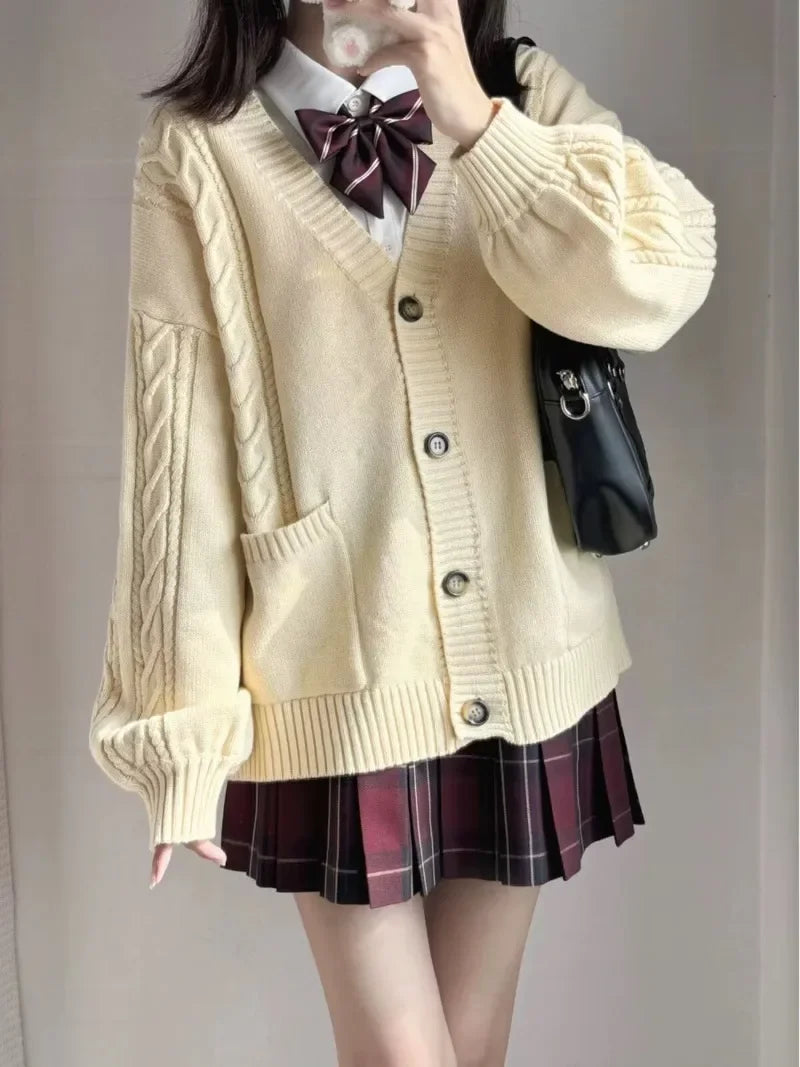 School Autumn Winter Lazy Style Japanese JK Knit Cardigan Loose College Sweater Plaid Skirt Matching Set For Campus Daily Class